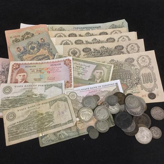 Coinage, inc 1897 crown (pendant mount), 1802 East Indies 1/4 Gulden, 1772 20 Kopek, Roman & US, Russian bank notes etc